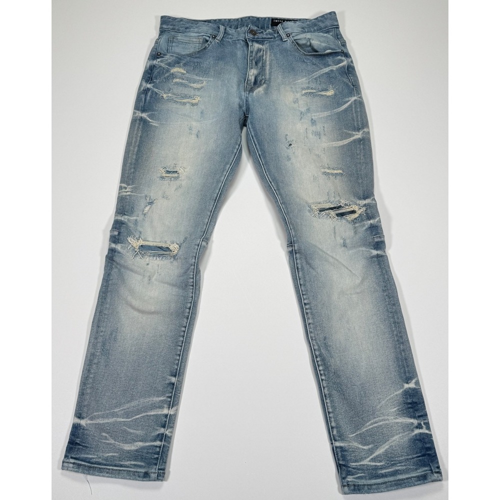 Smoke Rise Mens Jeans 34x32 Light Wash Distressed Ripped Skinny Denim